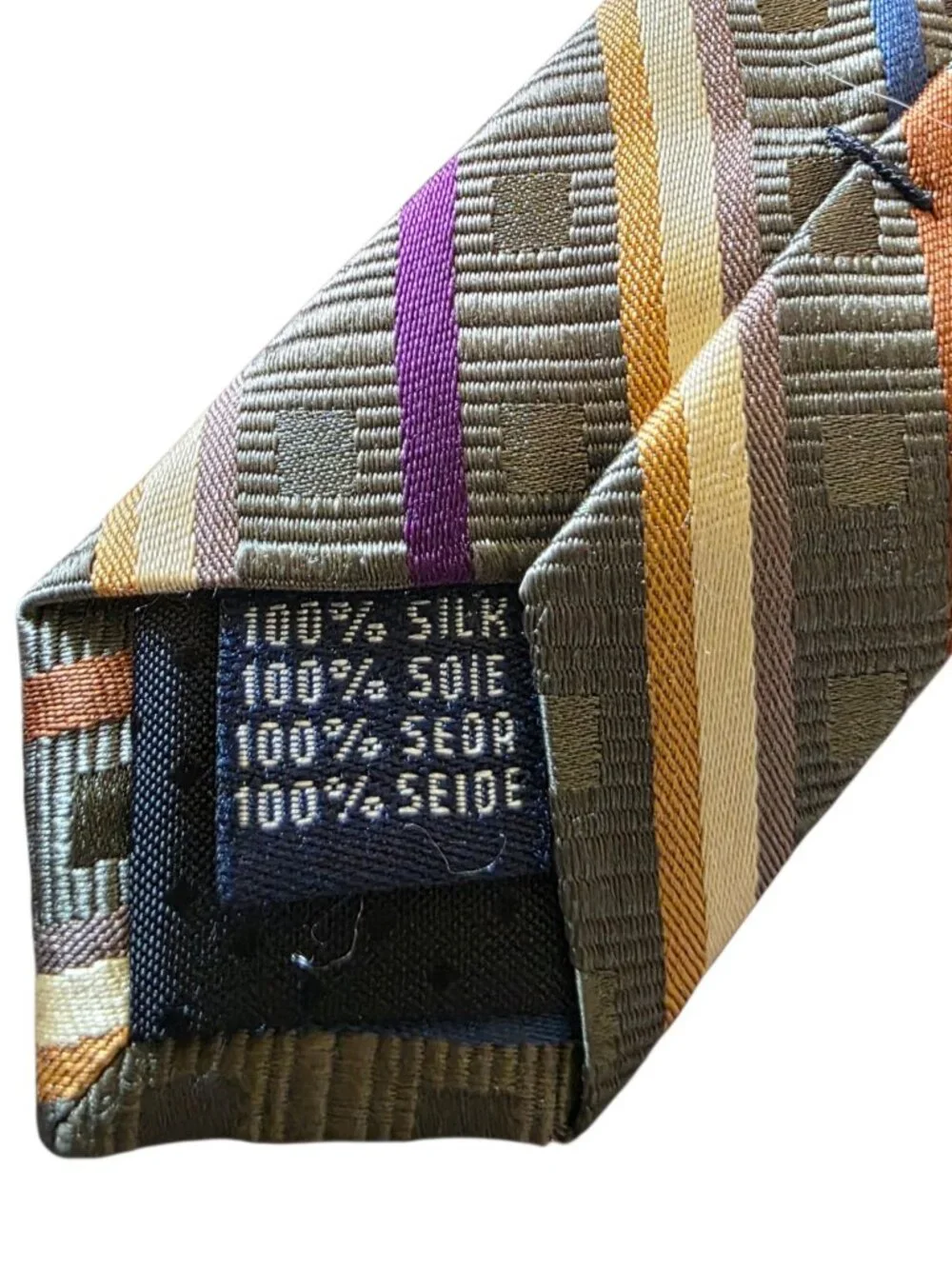 Rooster 100% Silk Tie Green Blue Purple Gold Geometric Striped Necktie 3.5”